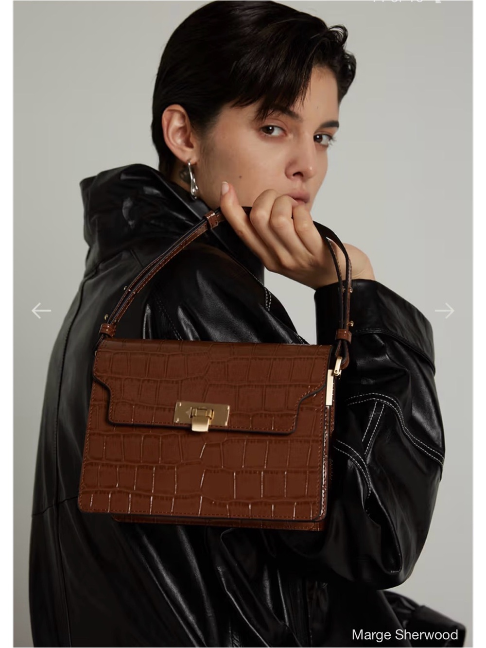 New Marge Sherwood Brown Croc Embossed Leather Shoulder Bag $525 Retail